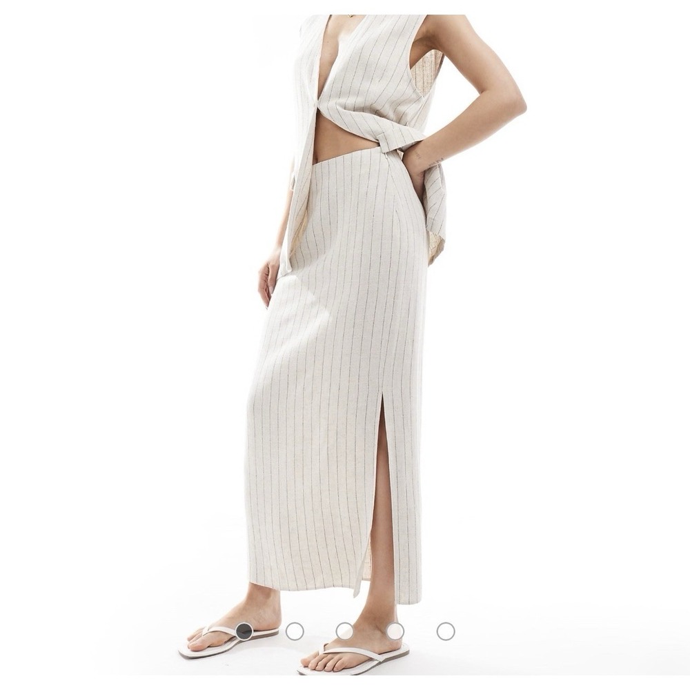 Topshop Pinstripe Linen Blend Maxi Skirt Cream Beige Side Slit Size US 14 New